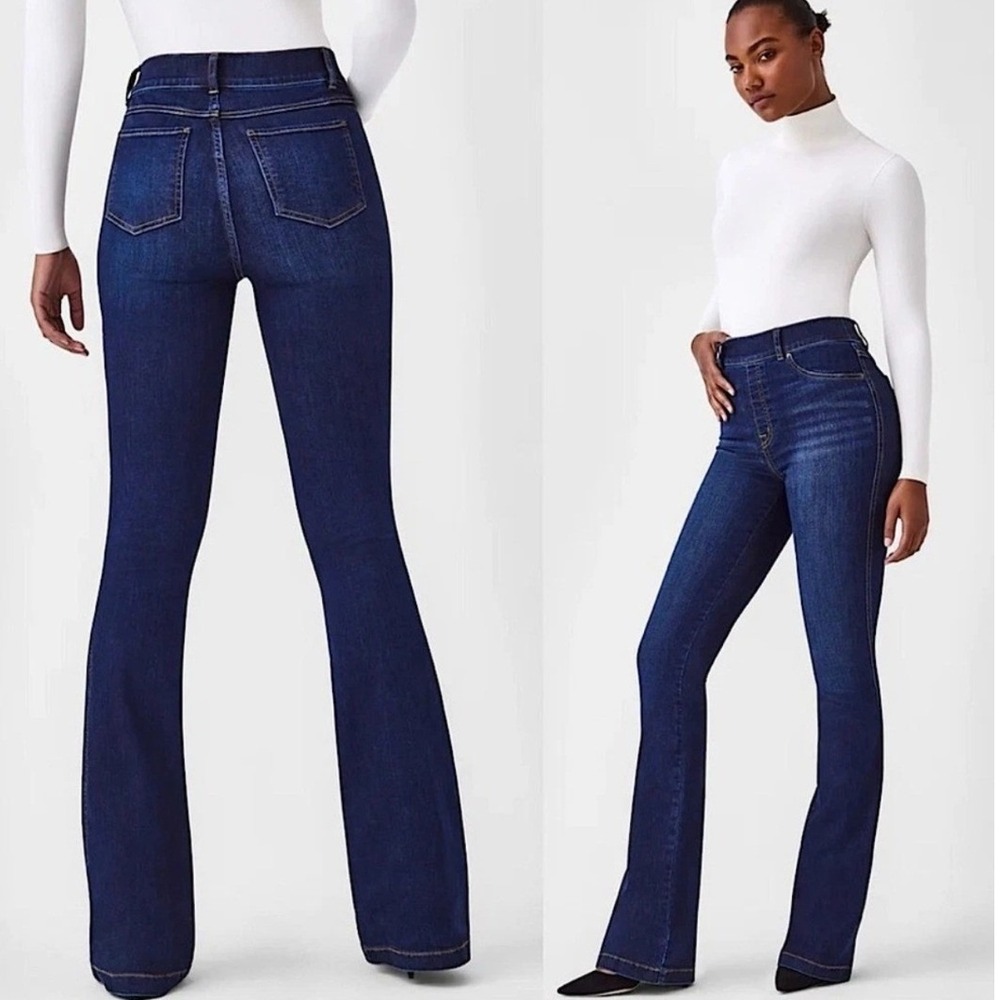 Spanx Flare Jeans Dark Wash Indigo High Rise Pull On Stretch Denim Small